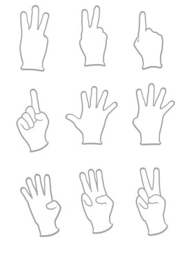 Çeşitli el hareketleri farklı parmak sayılarını gösteriyor.