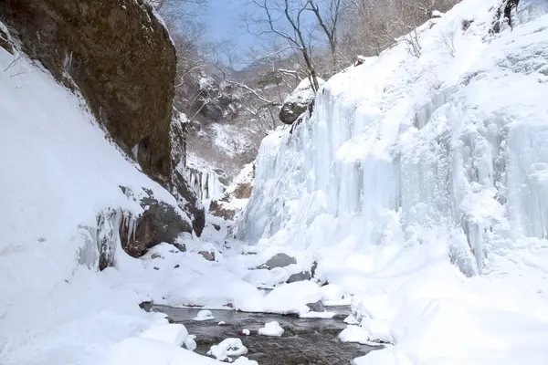 winter landscape of a waterfall with a snow