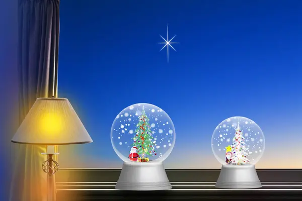 Lâmpada Bolas Natal Céu Noturno Janela — Fotografia de Stock