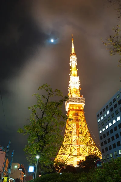 Geceleri Gökyüzünde Dolunay Olan Yüksek Bir Kule Parlıyordu — Stok fotoğraf
