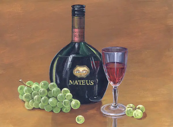 a painting of a bottle of wine and a glass of wine