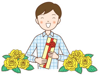 Beyaz arka planda çiçek ve hediye kutusu olan bir adam. 