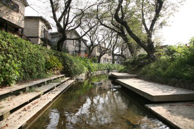 Sükunet suları, bahar zamanı huzurlu bir şehir vahasında yemyeşil bir manzarada akar.