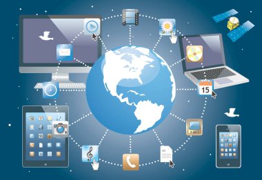 Bir ağ tarafından bağlı bilgisayar aygıtları ve uygulama simgeleri ile çevrili mavi dünya.