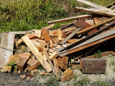 Dağılmış ahşap kalaslar yeşil çimlerin arasında uzanıyor.