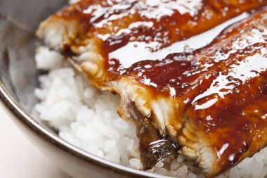 soslu marinelenmiş yılan balığı ve haşlanmış pirinç. 