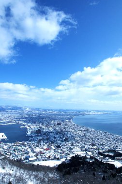 Hakodate Dağı 'ndan güzel havada panoramik manzara. Hakodate Gözlemevi, Japonya
