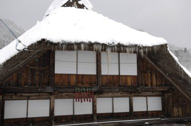 Japonya 'da ormandaki geleneksel ahşap ev karla kaplıydı..
