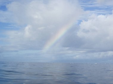 Okyanusun üzerinde gökkuşağı ve bulutlar