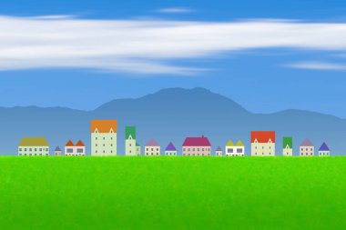 Yeşil tarlası, dağları ve mavi gökyüzü olan köyün resmi    