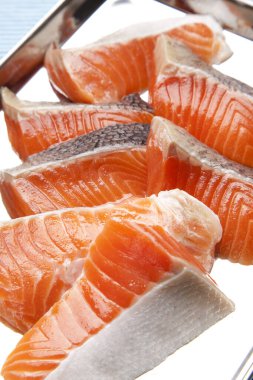 Tabak yakın görüntüsünde çiğ somon balığı.