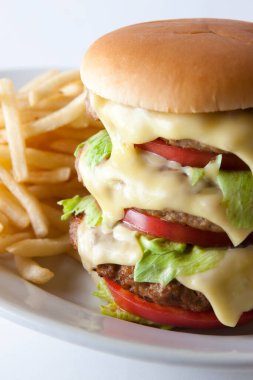 Yakın plan - peynirli, domatesli ve patates kızartmalı lezzetli hamburger manzarası 