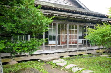 Japonya 'da yeşil ağaçlı Japon bahçesi.