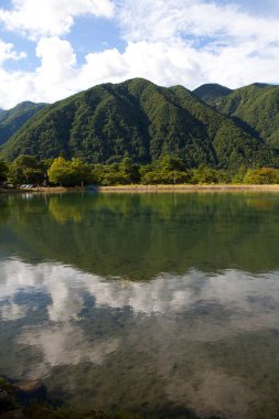 Güneşli bir günde dağlarda güzel bir göl manzarası 