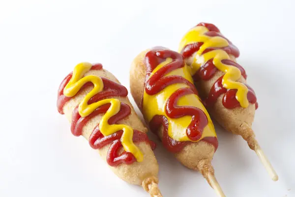 Close Hot Corn Dogs Ketchup — Stock Photo, Image