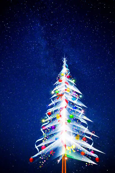 Schöner Festlicher Weihnachtsbaum Mit Dekorationen Und Sternenhimmel — Stockfoto