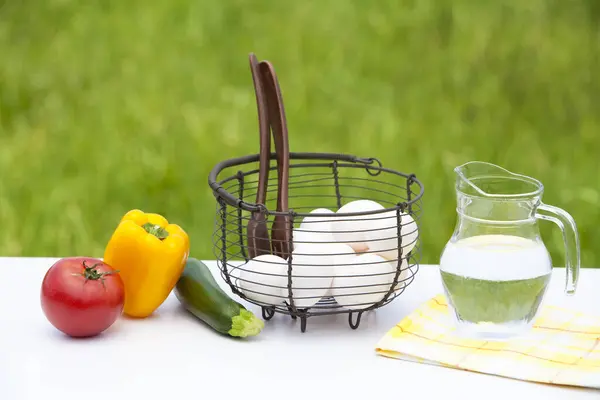 Fresh Vegetables Eggs Wicker Basket Table Outdoors — Stock Photo, Image
