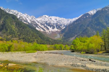 Arka planda dağ olan bir nehir.