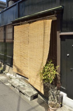 Bambu çitli ahşap ev ve sokakta yeşil bitki.