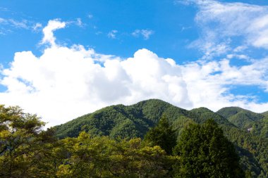 Gökyüzünde yeşil ağaçlar ve bulutlar olan güzel dağ manzarası       