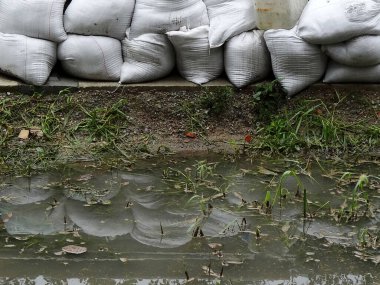 Kum torbaları çimenli bölgenin yakınındaki çamurlu suyu engelliyor