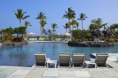 Güzel bir havuz manzarası ve tropikal villada boş güneşlikler.