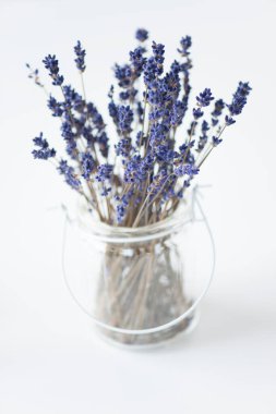 Hafif arkaplanda cam vazoda lavanta çiçekleri    