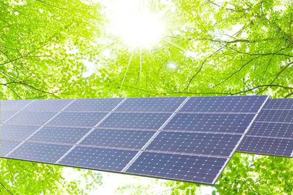 Solární Panely Proti Zeleným Stromům — Stock fotografie
