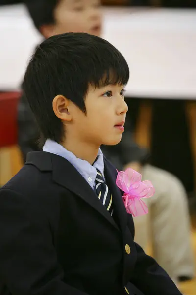 Cute Preteen Japanese Boy School Wearing Suit Decorated Pink Bow — Stock Photo, Image