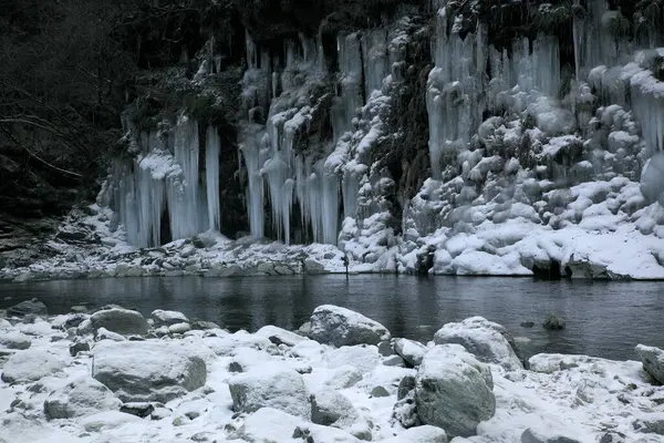 Beautiful View Winter Waterfall Forest Icicles Hanging River — Stock Photo, Image