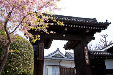 Güzel antik Japon tapınağının manzaralı görüntüsü.