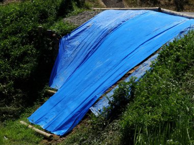 Yeşil çalılar arasında eğimli zemini kaplayan büyük mavi muşamba.