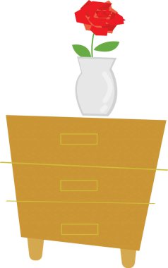 Üç çekmeceli bir sandıkta duran beyaz bir vazoda tek bir kırmızı gül..