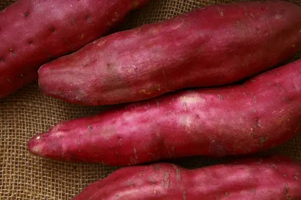 Batatas Cruas Doces Fundo Close — Fotografia de Stock