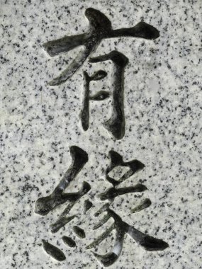 Yakın plan, gri granit yüzeyine işlenmiş Çince karakterleri gösteriyor.