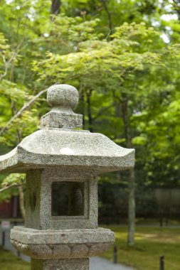 Yosunlu Yeşil Bahçede Geleneksel Japon Taş Feneri.