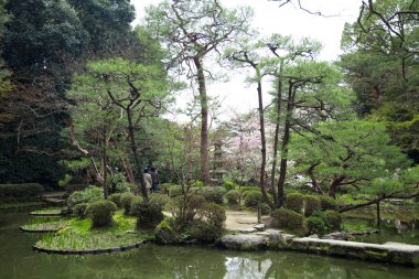 İnsanlar yeşil ağaçları ve sakin göletleriyle güzel bir bahar parkında yürüyorlar.