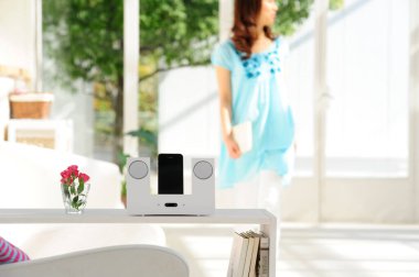 Modern hoparlör sisteminin yanında duran kadın