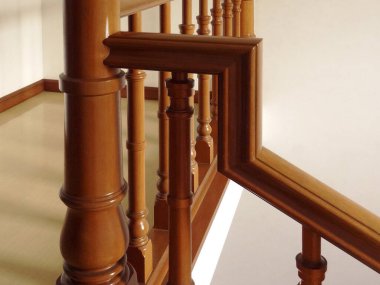 Kahverengi ahşap korkuluklar ve zarif iç kısımda merdivenler.     