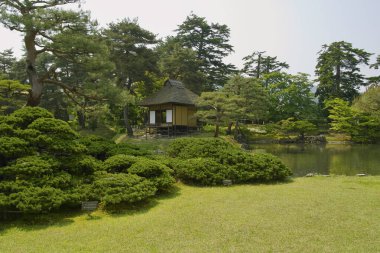 Evi ve yeşil ağaçları olan Japon bahçesi, Japonya