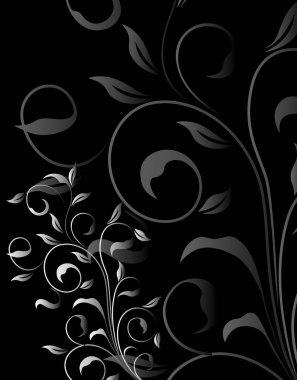 Gümüş kıvrımlı siyah beyaz çiçekli bir arka plan.