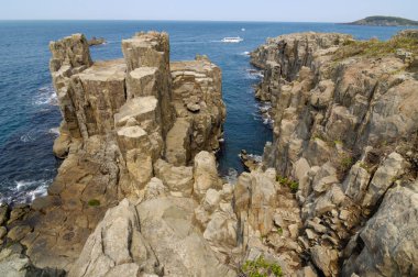 Deniz kenarındaki uçurumlar. Kuzey Fukui ilindeki Tojinbo Kayalıkları, Japonya.