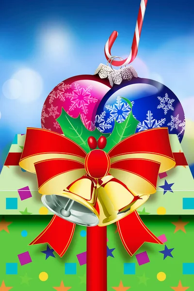 Christmas Gift Red Ribbon Bells Balls — Stock Photo, Image