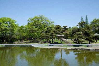 Japon bahçesinde taşları ve ağaçları olan güzel bir gölet. 