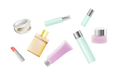 Beyaz arka planda farklı kozmetik ürünleri seti                       