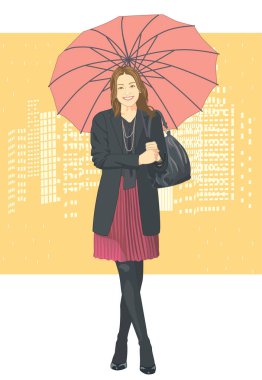 Şehirde şemsiye tutan yağmurluk giymiş mutlu genç bir kadın. Çizim. çizgi film biçimi.