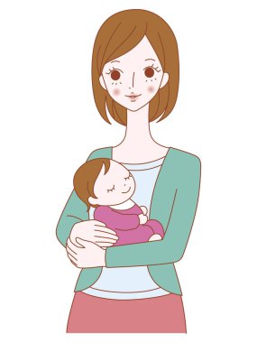 Beyaz arka planda bebeği olan genç bir anne.