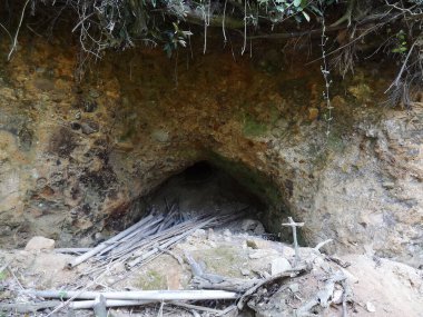 Karanlık mağara girişi toprak ve dağınık sopalarla çevrili.