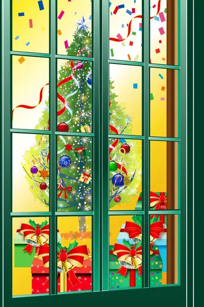 Christmas Tree Gifts Window — Stock Photo, Image
