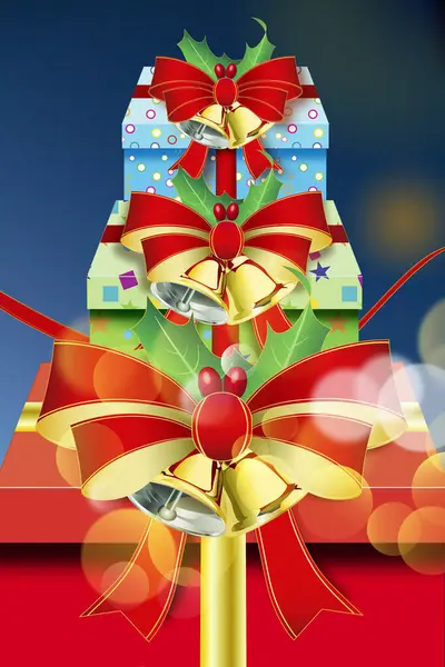 Prezenty Świąteczne Kokardami Niebieskim Tle Bokeh — Zdjęcie stockowe
